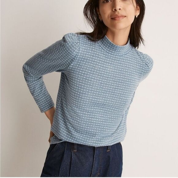 Madewell Tops - Madewell Blue Textured Mock Neck Puff Sleeve Sweater XSMALL